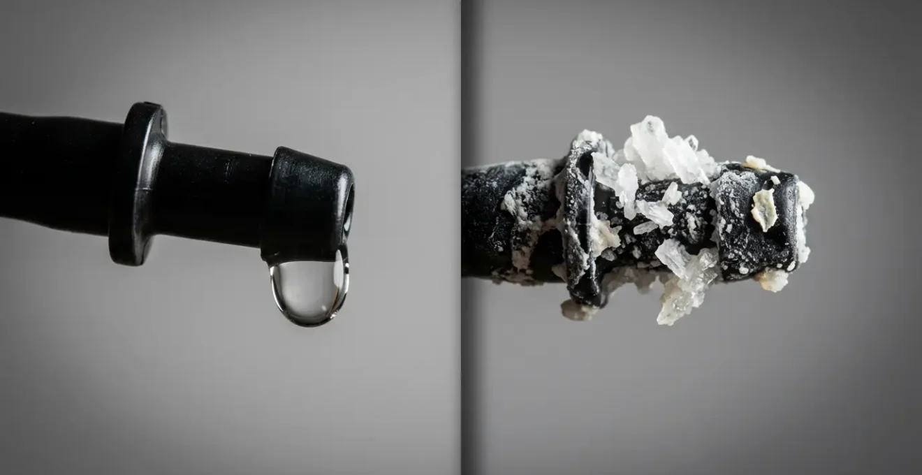 Comparaison côte à côte d'un goutteur propre et d'un goutteur entartré