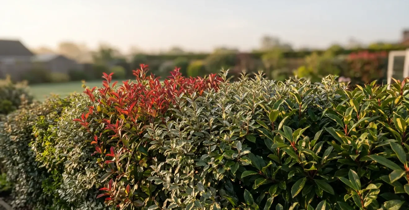 Vue d'une haie mixte d'arbustes variés avec différentes textures de feuillages créant une barrière naturelle dans un jardin