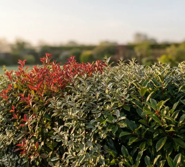 Vue d'une haie mixte d'arbustes variés avec différentes textures de feuillages créant une barrière naturelle dans un jardin
