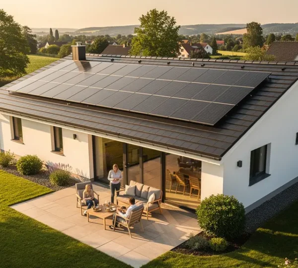 Vue aérienne d'une maison avec panneaux solaires sur le toit et famille profitant du jardin ensoleillé