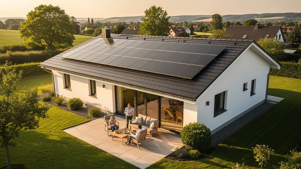 Vue aérienne d'une maison avec panneaux solaires sur le toit et famille profitant du jardin ensoleillé