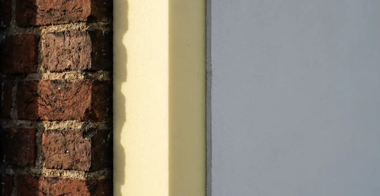 Vue en coupe d'un mur avec isolation thermique par l'extérieur montrant l'enveloppe continue