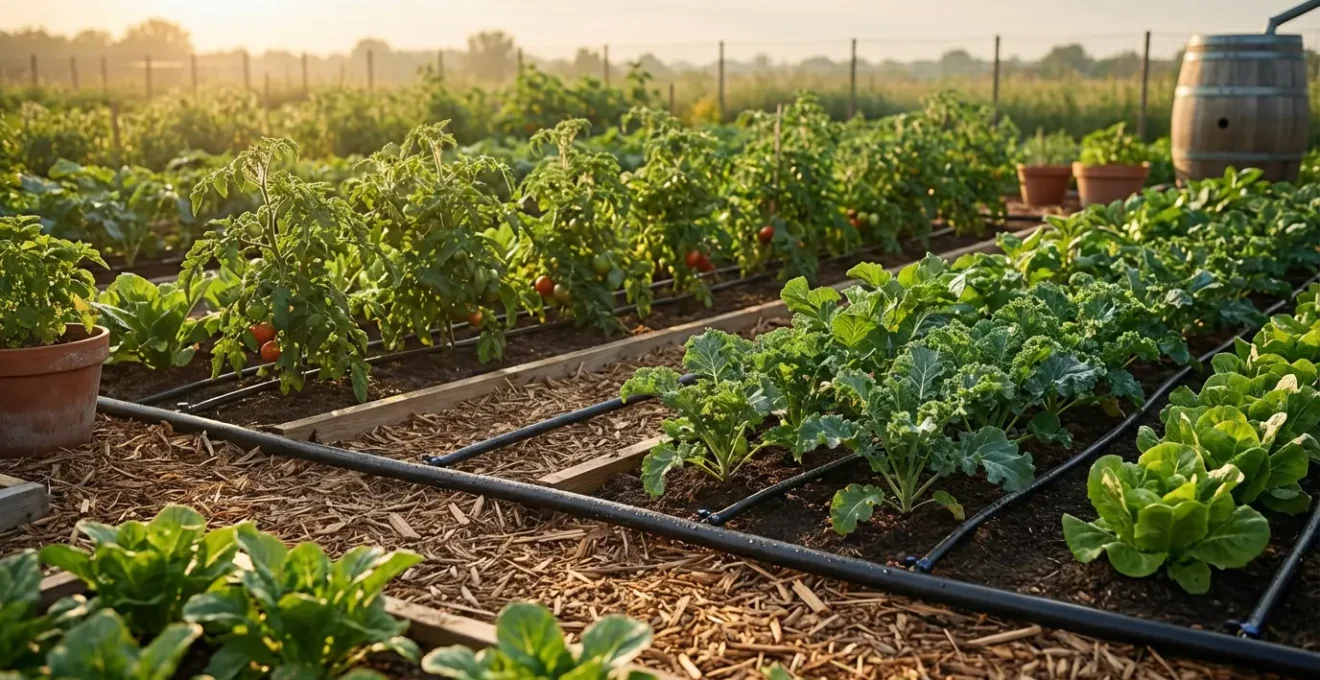 Vue aérienne d'un potager luxuriant avec système d'arrosage goutte-à-goutte intégré et réservoir d'eau de pluie