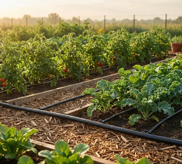 Vue aérienne d'un potager luxuriant avec système d'arrosage goutte-à-goutte intégré et réservoir d'eau de pluie