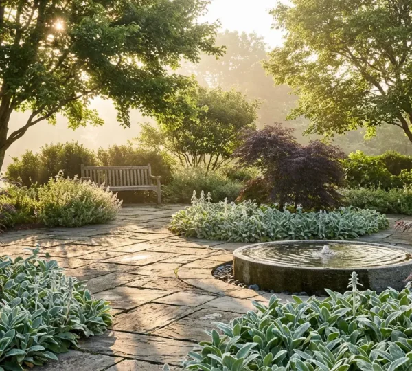 Un jardin d'ornement apaisant avec des feuillages pourpres et argentés, un petit bassin et des chemins sinueux, baigné dans une lumière dorée de fin d'après-midi