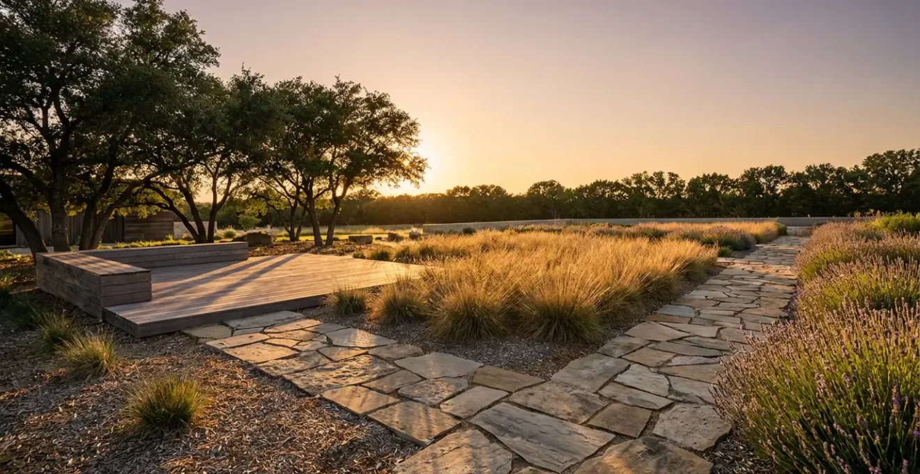Jardin paysager moderne avec aménagement nécessitant peu d'entretien, terrasse en bois et massifs de plantes vivaces