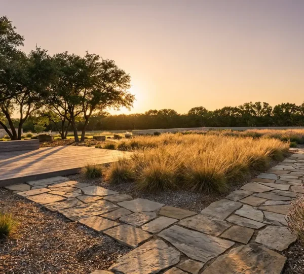 Jardin paysager moderne avec aménagement nécessitant peu d'entretien, terrasse en bois et massifs de plantes vivaces