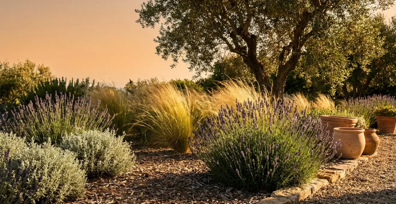 Vue d'ensemble d'un jardin sec méditerranéen avec lavandes, graminées et paillage naturel sous un soleil d'été