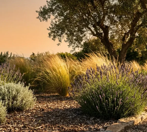 Vue d'ensemble d'un jardin sec méditerranéen avec lavandes, graminées et paillage naturel sous un soleil d'été