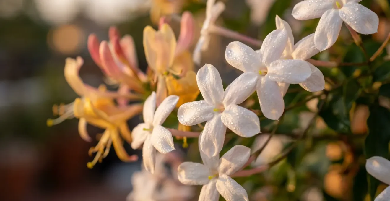 Gros plan sur les fleurs parfumées de jasmin étoilé et chèvrefeuille au crépuscule