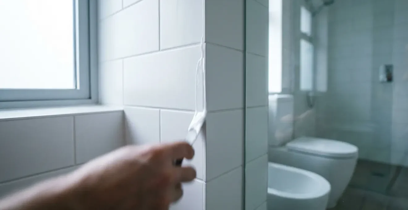 Application professionnelle d'un joint silicone dans une salle de bain moderne