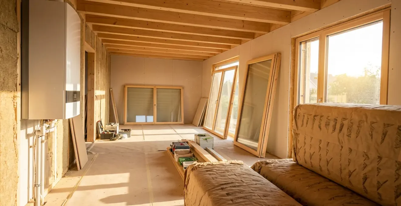 Vue intérieure d'une maison en cours de rénovation énergétique avec matériaux écologiques