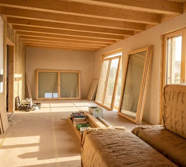 Vue intérieure d'une maison en cours de rénovation énergétique avec matériaux écologiques