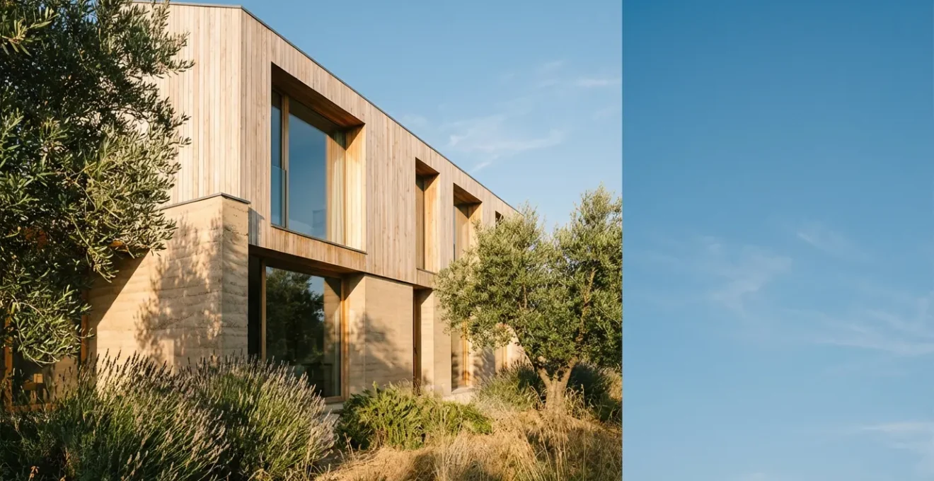 Maison contemporaine avec une façade bien isolée montrant une ambiance fraîche et confortable en plein été