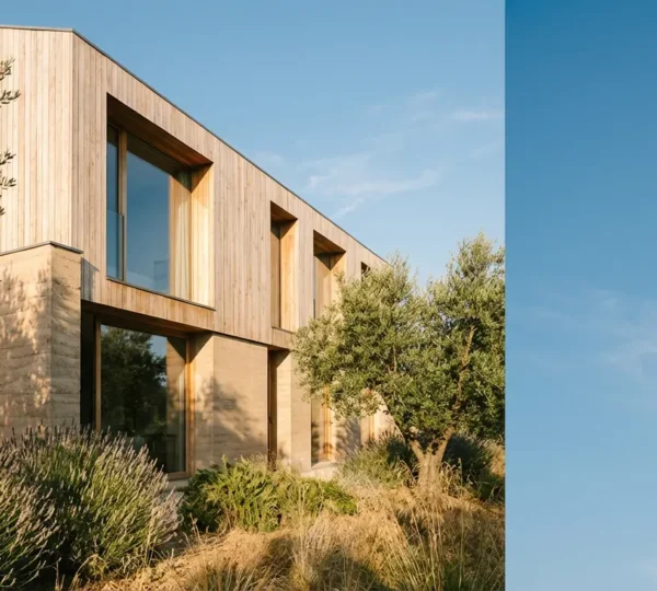 Maison contemporaine avec une façade bien isolée montrant une ambiance fraîche et confortable en plein été