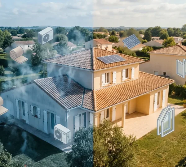 Vue en coupe d'une maison montrant les zones de déperditions thermiques et les améliorations énergétiques possibles