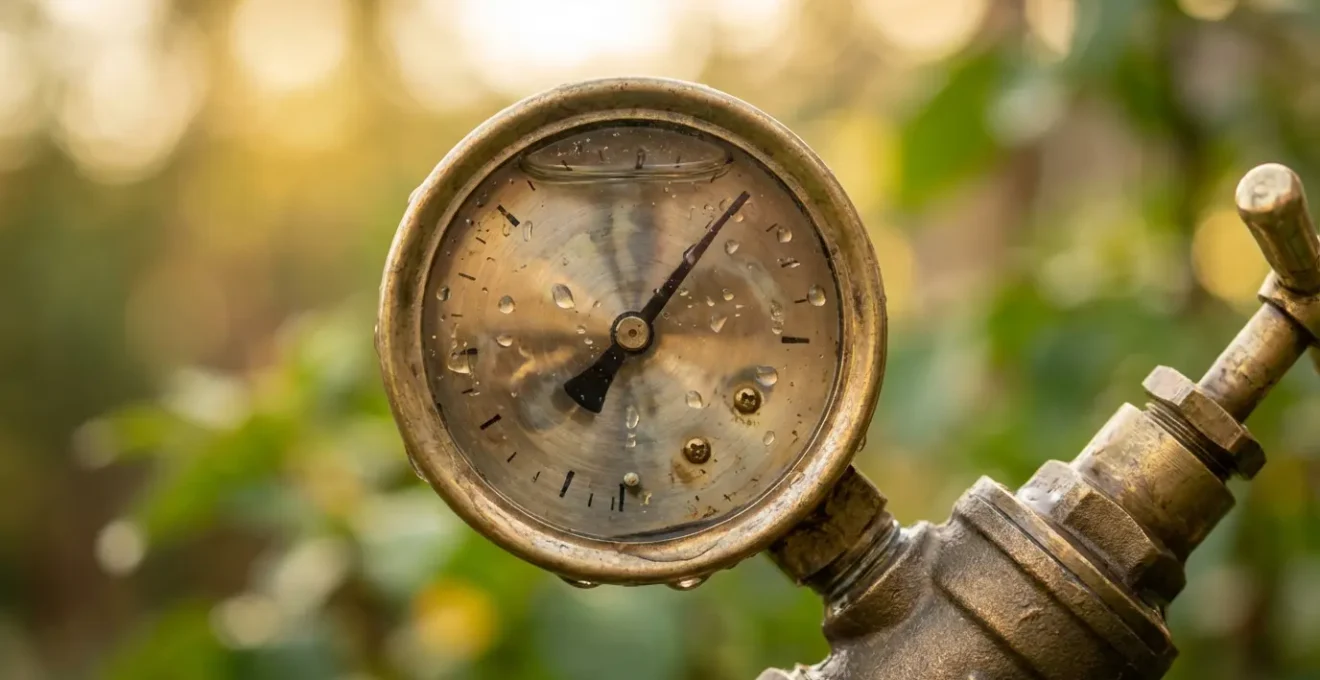 Gros plan sur un manomètre installé sur un robinet de jardin affichant 2,5 bars