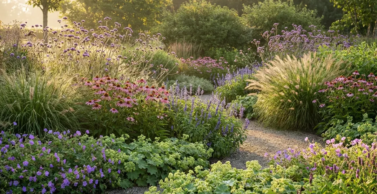 Massif de plantes vivaces en pleine floraison avec différentes hauteurs et textures végétales dans un jardin naturel