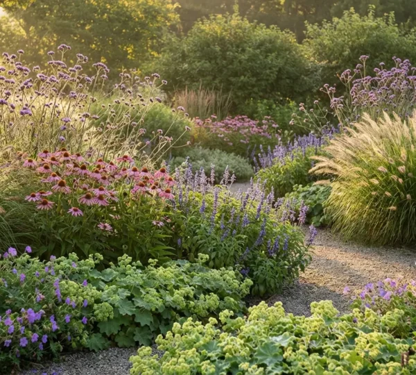 Massif de plantes vivaces en pleine floraison avec différentes hauteurs et textures végétales dans un jardin naturel
