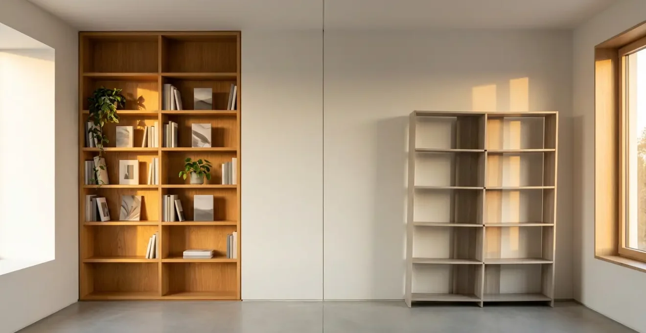 Intérieur moderne avec bibliothèque sur mesure parfaitement intégrée d'un côté et meuble standard de l'autre