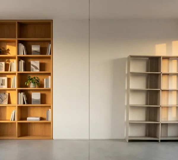 Intérieur moderne avec bibliothèque sur mesure parfaitement intégrée d'un côté et meuble standard de l'autre