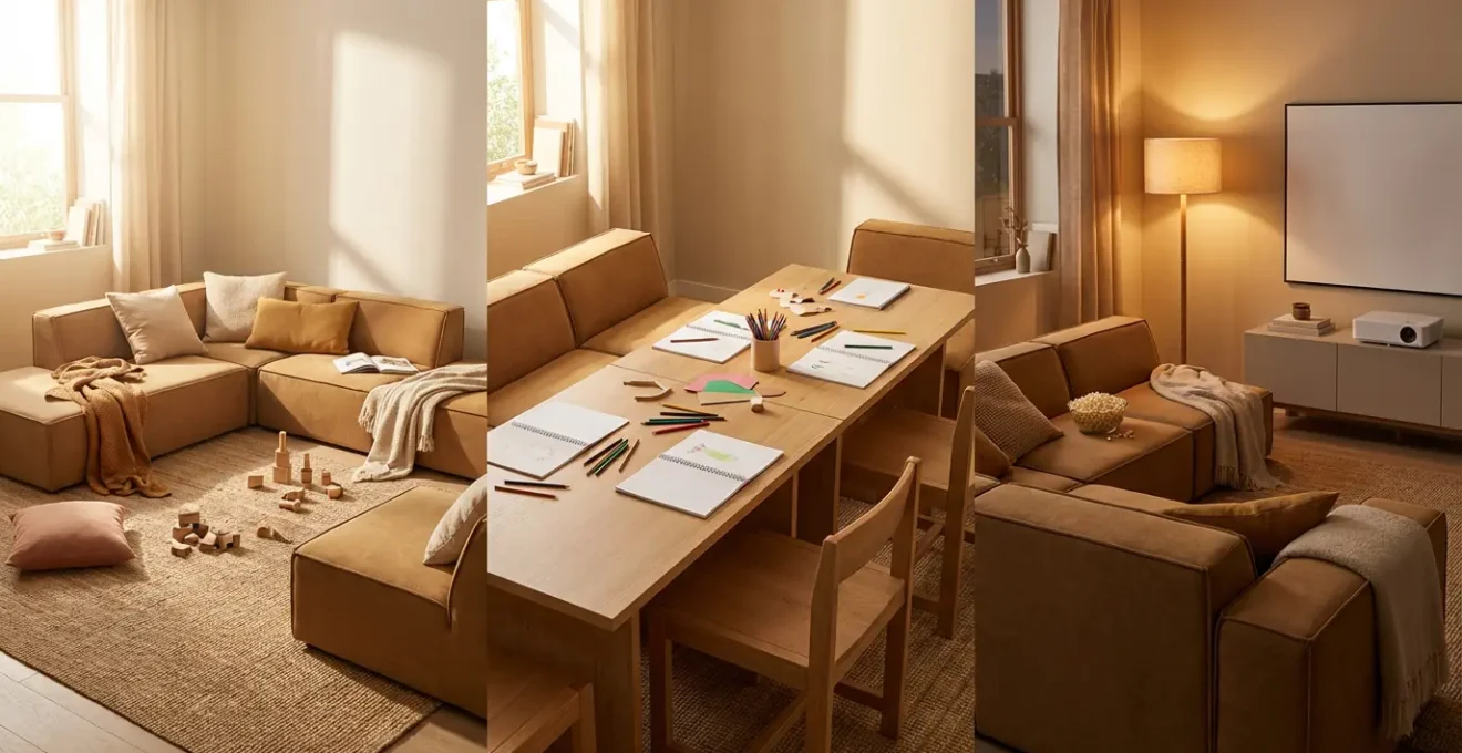 Séquence montrant un même espace transformé avec mobilier modulable pour différents usages familiaux