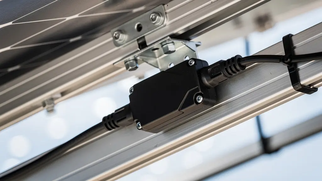 Gros plan technique d'un micro-onduleur fixé sous un panneau solaire avec câblage visible