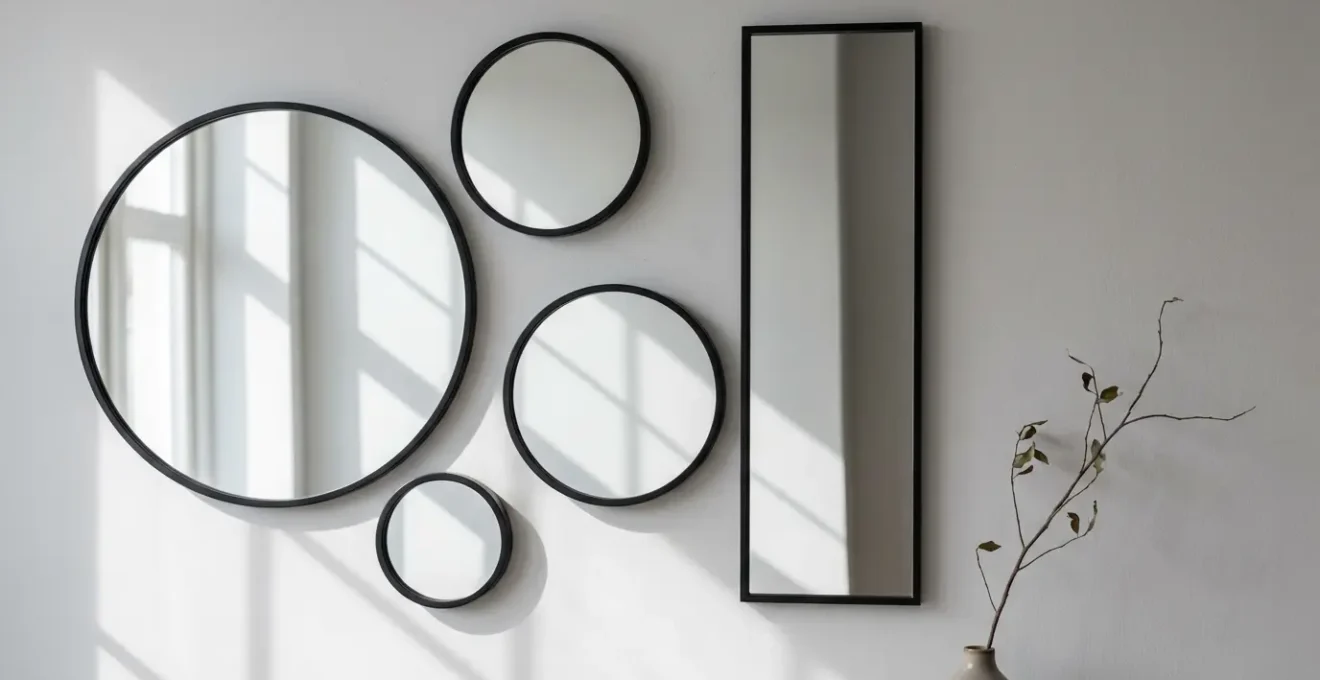 Composition de miroirs ronds et rectangulaires sur un mur de couloir créant un effet décoratif