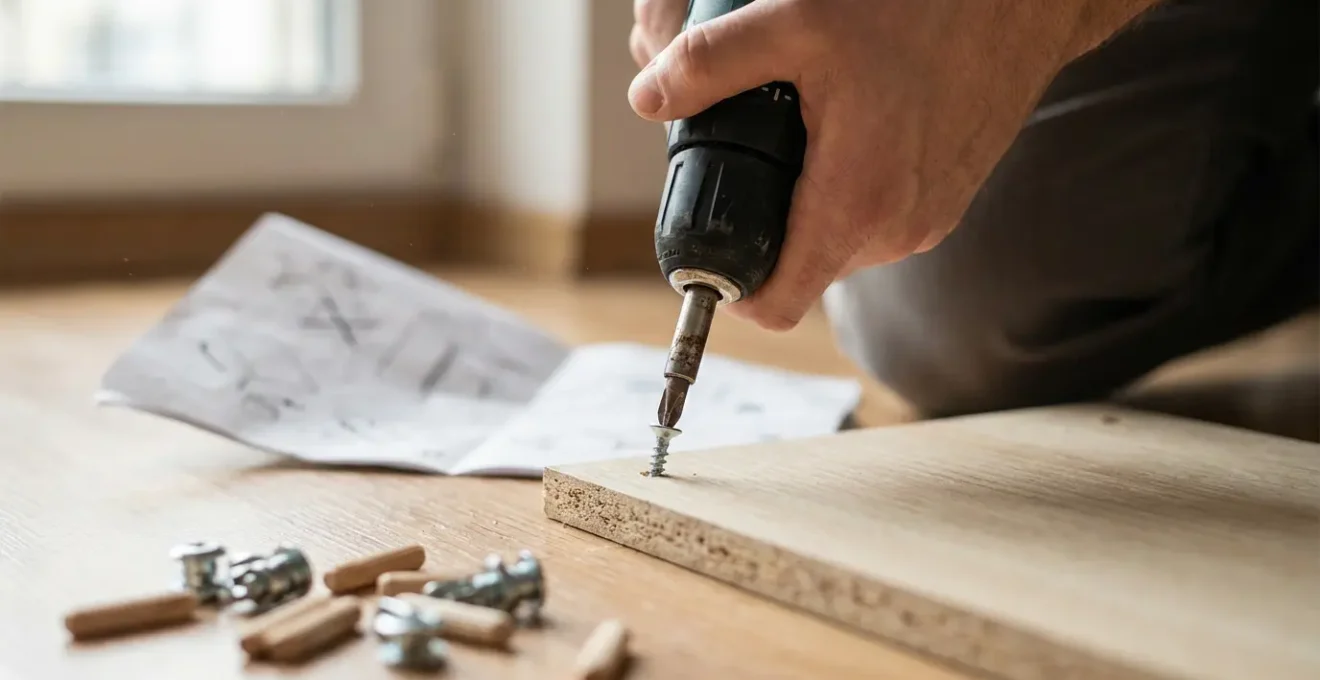 Montage de meuble en kit avec visseuse électrique montrant l'erreur de serrage à éviter
