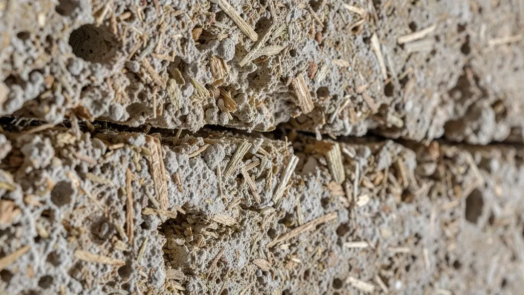 Texture d'un mur en béton de chanvre montrant sa structure poreuse naturelle
