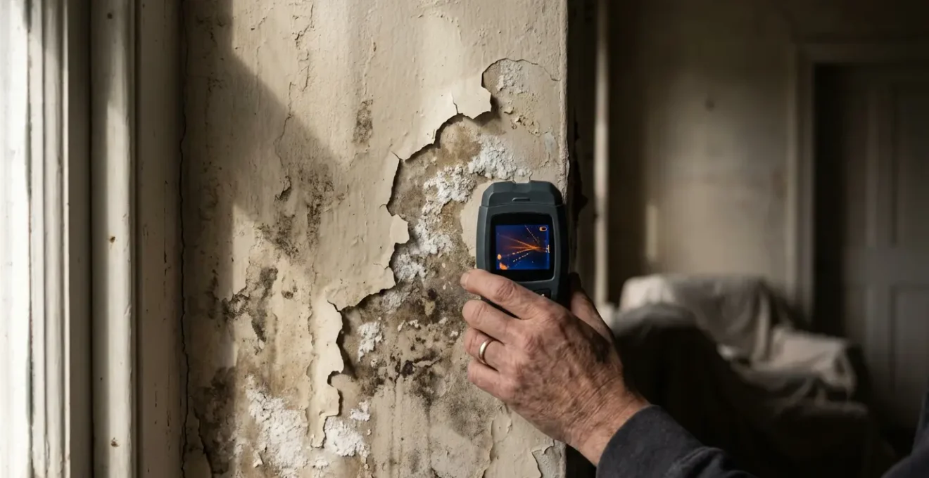 Diagnostic d'un mur humide avec testeur d'humidité montrant peinture écaillée et traces d'infiltration