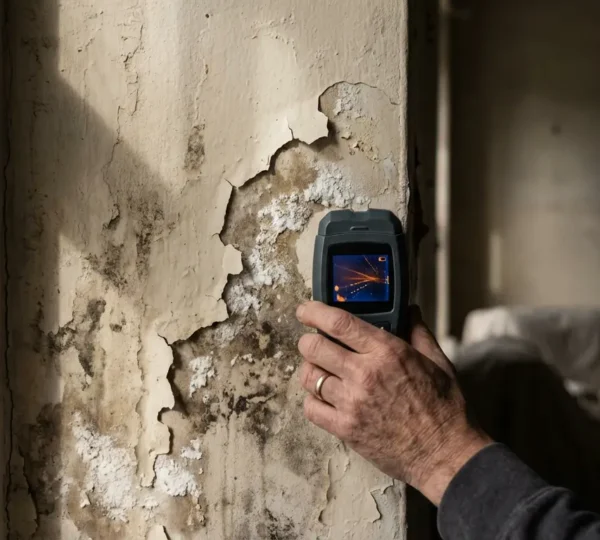 Diagnostic d'un mur humide avec testeur d'humidité montrant peinture écaillée et traces d'infiltration
