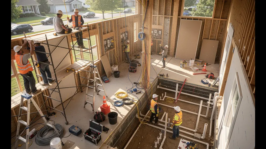 Vue aérienne d'un chantier de rénovation avec différents artisans travaillant en coordination sur plusieurs zones d'une maison