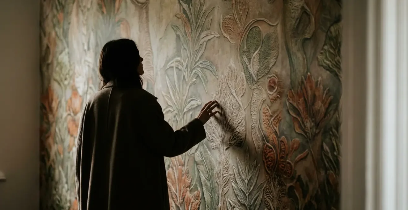 Mur avec papier peint panoramique texturé créant une illusion de profondeur dans un salon