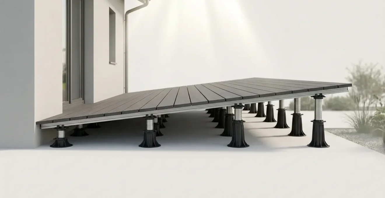 Vue latérale en coupe d'une terrasse montrant la pente d'écoulement avec plots de hauteurs différentes