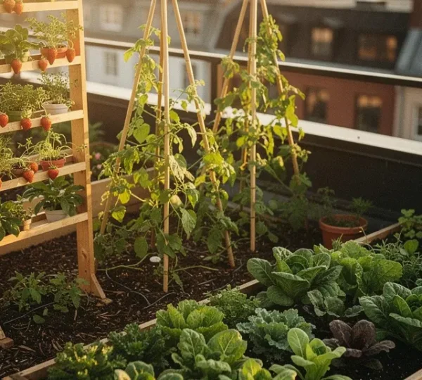Jardin urbain en permaculture produisant légumes sur 20m² avec tours verticales et lasagnes