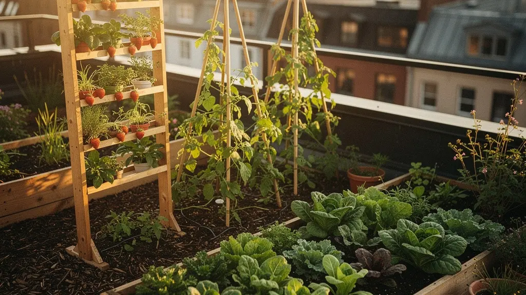 Jardin urbain en permaculture produisant légumes sur 20m² avec tours verticales et lasagnes
