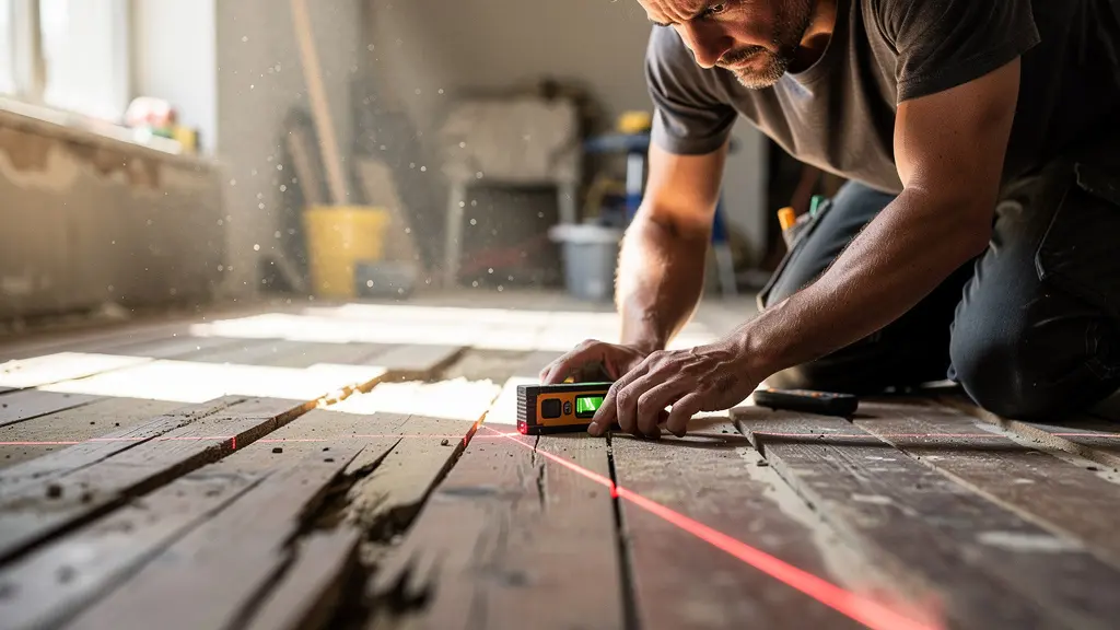 Artisan vérifiant la planéité d'un vieux plancher bois avec un niveau laser