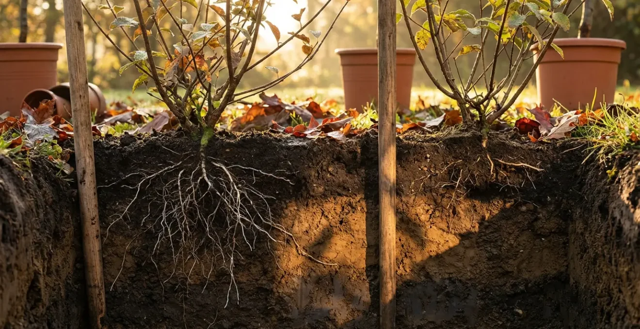 Vue en coupe du sol montrant le développement racinaire d'un arbuste planté en automne