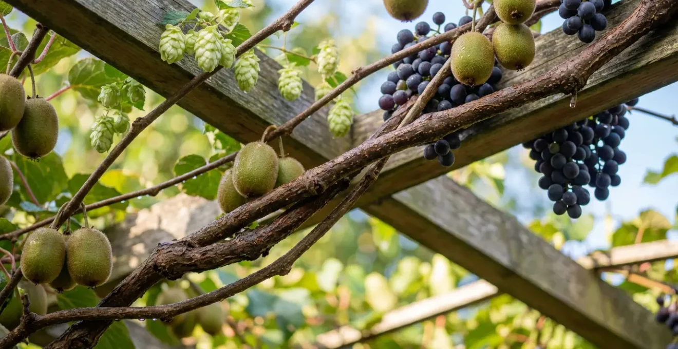 Plantes grimpantes sur pergola créant une ombre naturelle