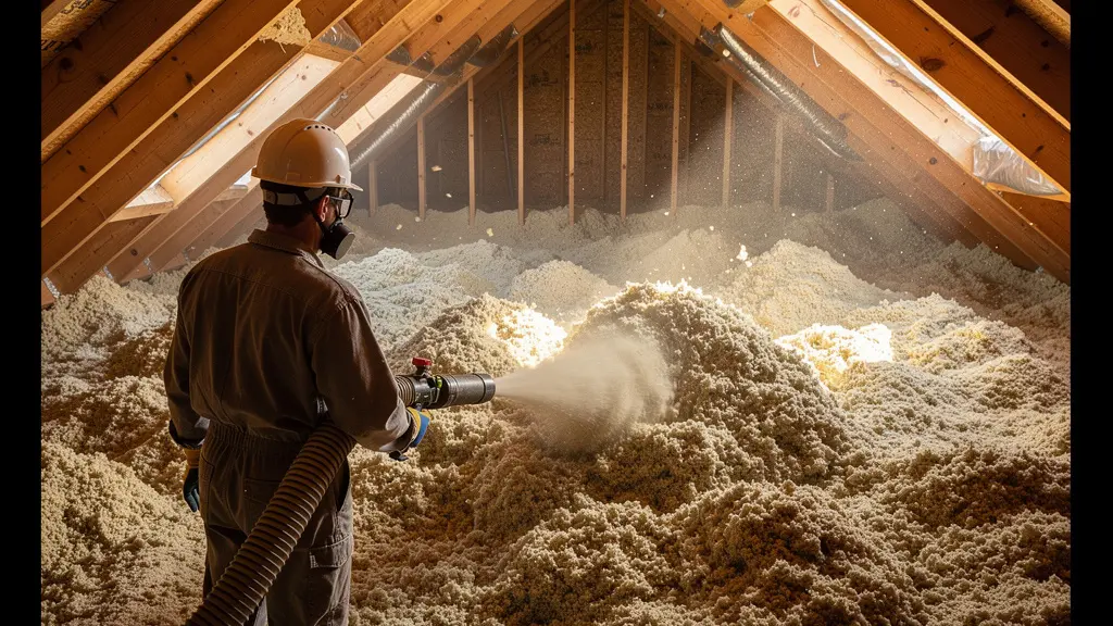 Professionnel insufflant de la ouate de cellulose dans des combles