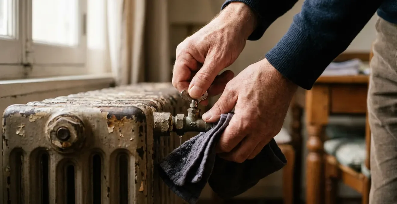 Vue rapprochée d'une main tenant une clé de purge sur un radiateur avec une serviette en dessous