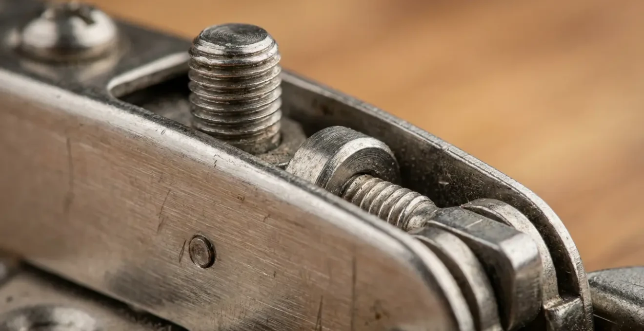 Gros plan sur le mécanisme de charnière d'une porte de placard avec vis de réglage visibles