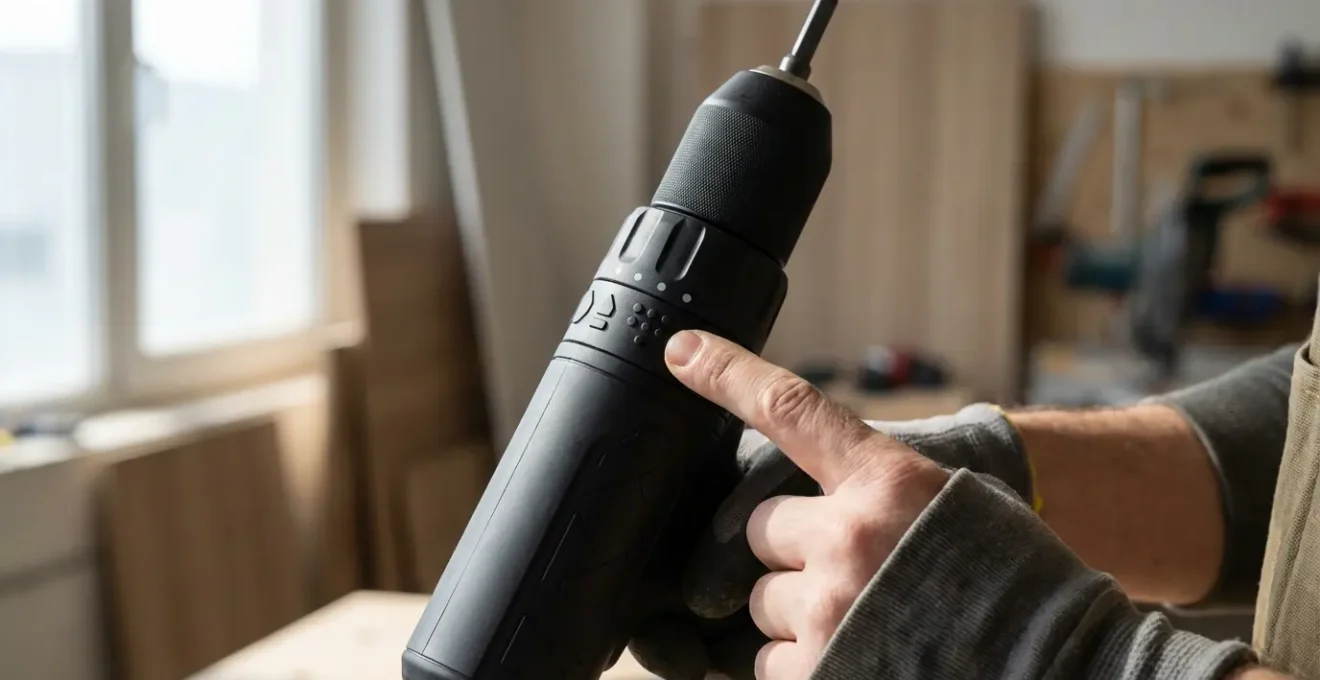 Main réglant la bague de couple d'une visseuse électrique pour le montage de meuble