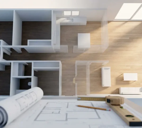 Vue aérienne d'un plan de maison avec des murs partiellement transparents montrant la réorganisation de l'espace intérieur