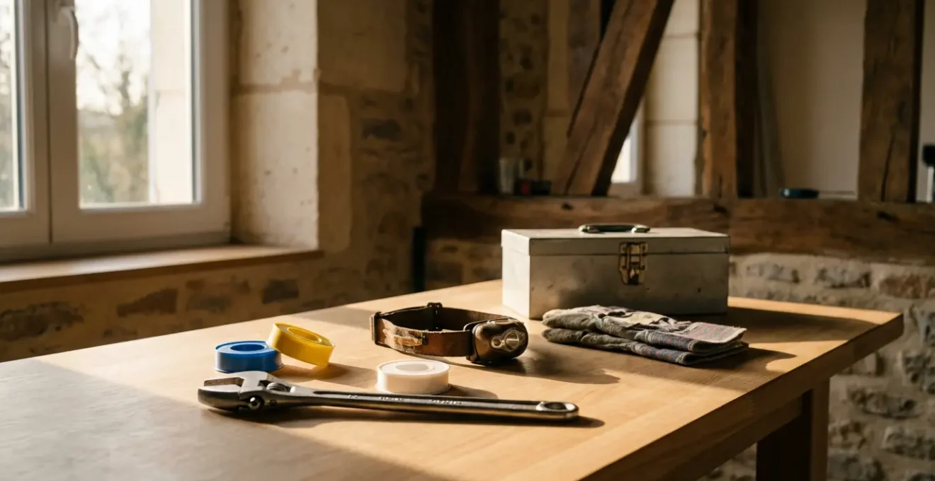 Vue d'ensemble d'un établi organisé avec des outils essentiels pour les réparations d'urgence domestiques