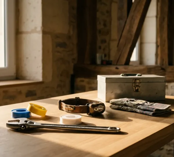 Vue d'ensemble d'un établi organisé avec des outils essentiels pour les réparations d'urgence domestiques