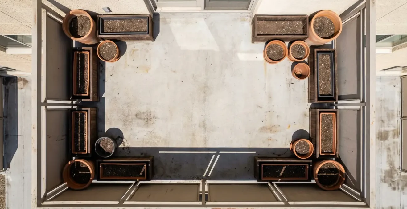 Vue aérienne d'un balcon montrant la disposition stratégique des bacs près des murs porteurs