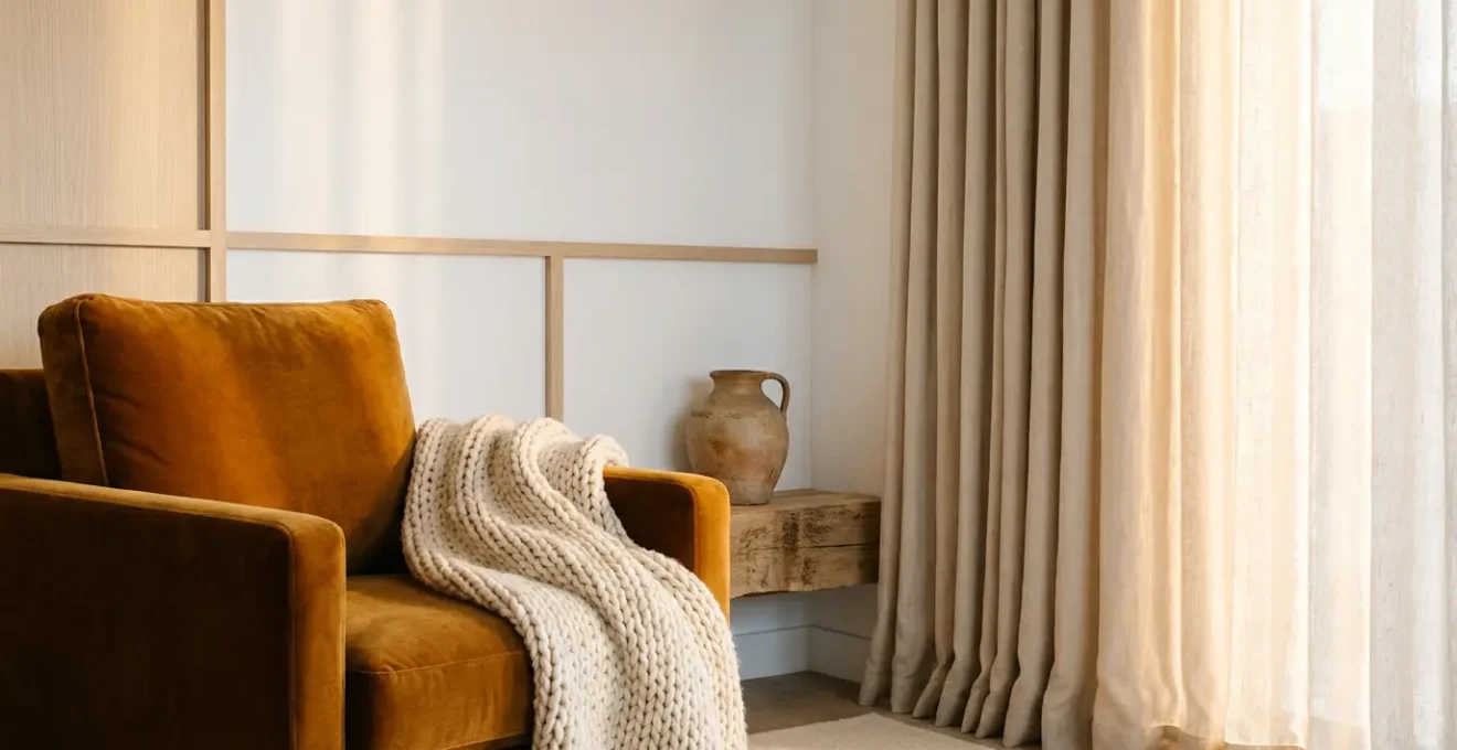 Salon chaleureux avec superposition de textures en velours, laine et lin créant une atmosphère cocooning