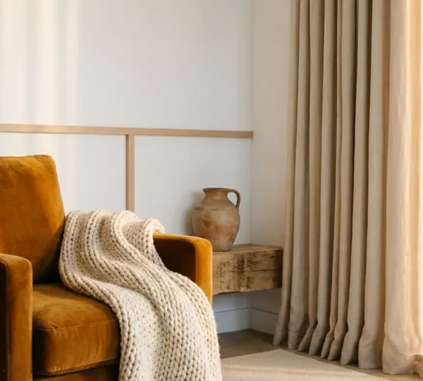 Salon chaleureux avec superposition de textures en velours, laine et lin créant une atmosphère cocooning